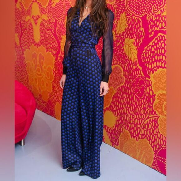 Diane Von Furstenberg Polka Dot Silk Wide Leg Jumpsuit Blue Black Sheer 14 NWT - Picture 4 of 15